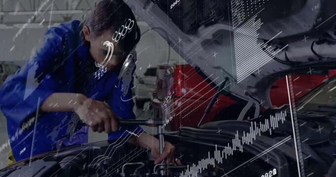 Female technician placing socket, tightening engine bolt, white overlays showing parts for repair