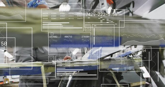 Operating worker wearing gray jacket blue scarf smoothing panel with iron at factory, data overlays