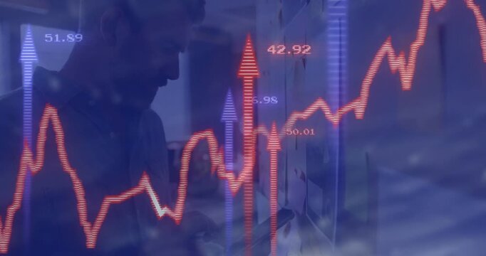 Senior man placing notes, writing on wall, planning, timing moves to shifting finance chart overlay