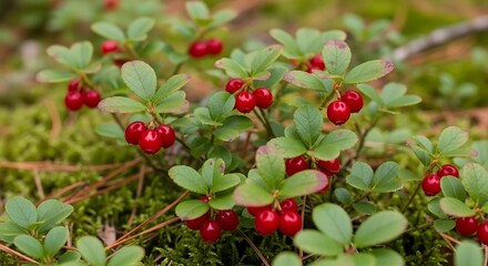 Obraz premium A close up view of several ripe red lingonberry fruits growing on a small bush in the forest floor. american bearberry
