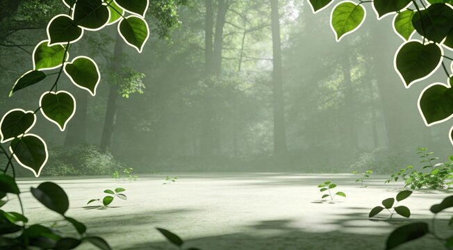Creative digital rendering of minimalist vine leaves framing empty forest clearing, edge lighting, b