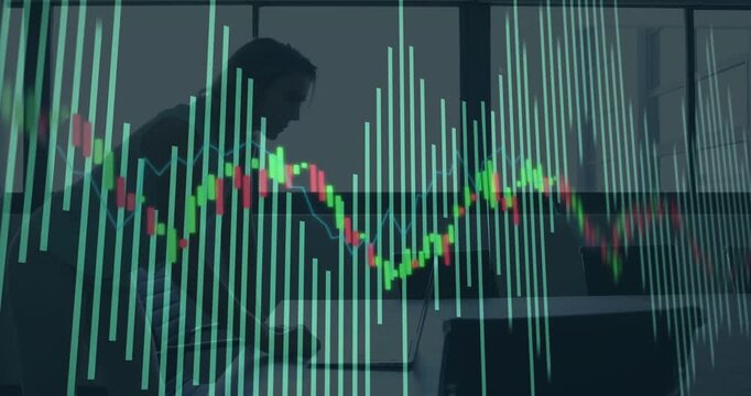 Vertical video: Woman analyst reaching laptop and typing, analyzing finance as chart covering shape