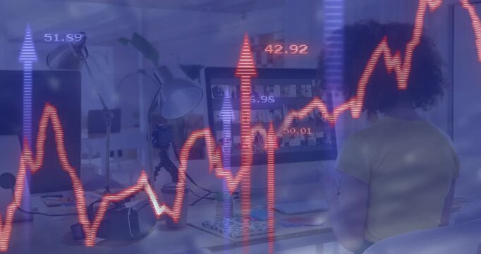 Vertical video: Woman typing, data initiating finance overlay crossing screen tracking market peaks