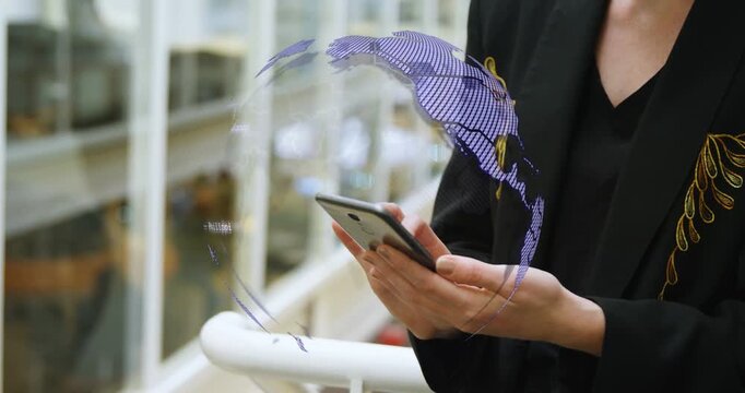 Tapping woman in blazer scrolling rail, purple shard rising above phone forming map, copy space