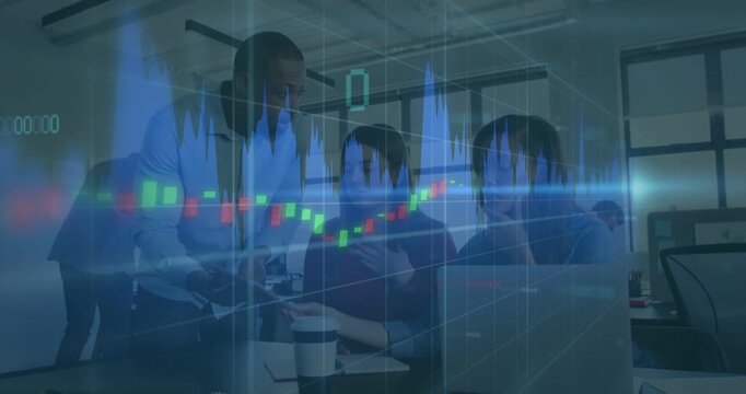 Standing man leaning and pointing tablet, seated pair using laptop, finance chart overlay shifting