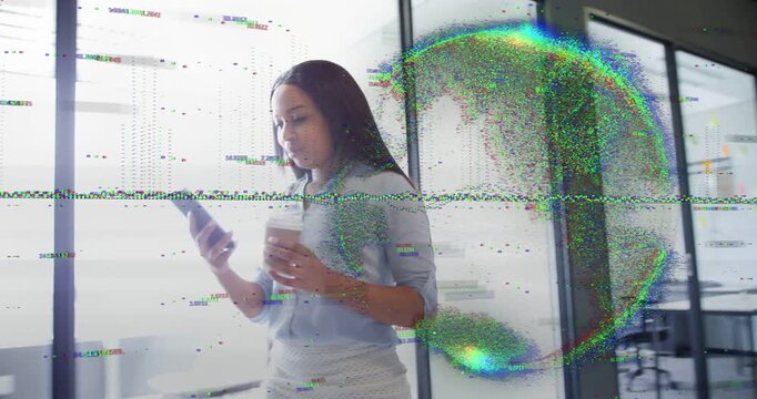 Woman entering glass door, scrolling phone, arriving at desk for work, glitch overlay appearing