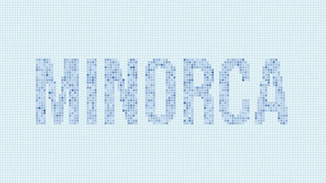 Minorca dotted map animation. Digital style shape of the island. Minorca shape and title blue dots appear with flickering effect. Spain. Creative Intro, outro, title, logo video.