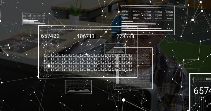 Data pro sitting at desk, system booting network overlay while HUD updating IDs, monitoring data
