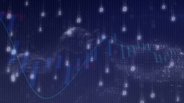 Vertical video: Binary digits falling trend line sweeping bars shifting mesh rising forming data