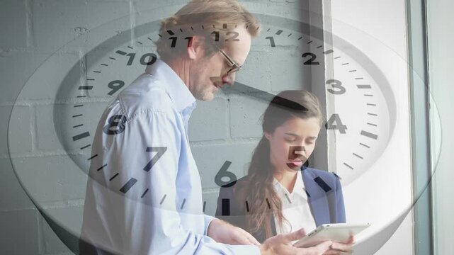 Manager pointing tablet while woman following and scrolling during review, clock overlay shifting
