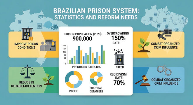 A vector graphic illustrating the Brazilian prison system with statistics and reform needs