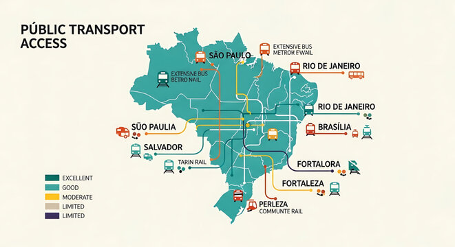 A vector graphic map of Brazil illustrating public transportation access across various cities