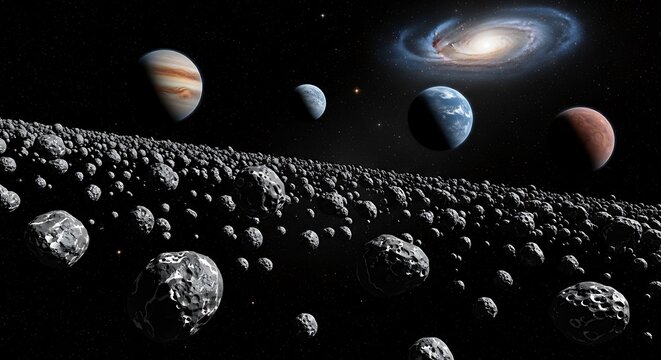 A vast asteroid field floating in deep space with multiple planets and a spiral galaxy background. astroid belt