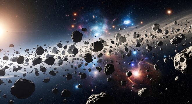 A vast asteroid field drifting through a vibrant nebula with glowing stars in deep outer space. astroid belt