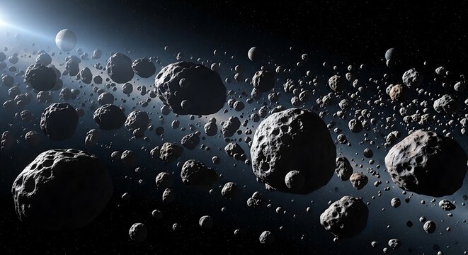A vast field of rocky asteroids floating through the deep dark void of outer space near a planet. astroid belt