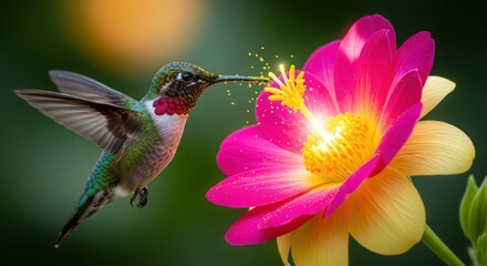 Fototapeta premium A hummingbird hovers near a vibrant pink and yellow flower in a lush green environment.