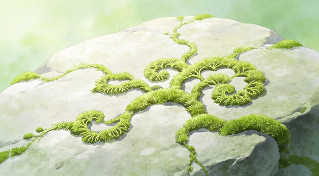 Professional illustration of delicate moss patterns on smooth stone, minimalist layout, diffused nat