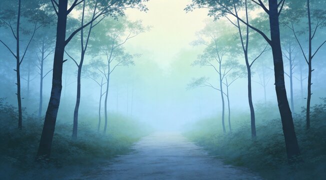 High quality digital art of minimalist forest path fading into mist, centered composition, soft ethe