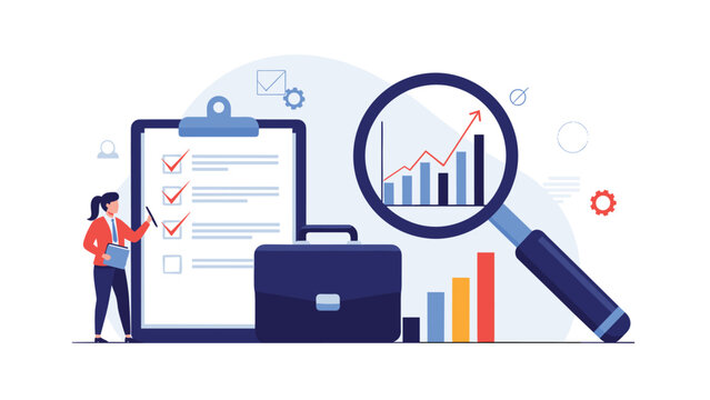 Businesswoman checking off items on a clipboard next to a magnifying glass over charts for quality control and auditing performance.