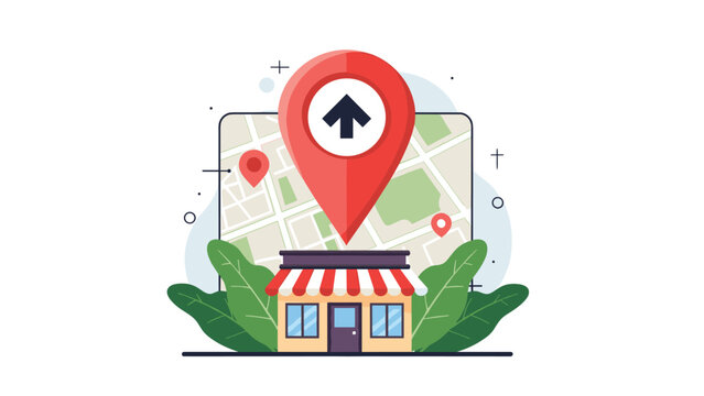 Local business location map with a storefront and a large red pin icon on a background map for search engine optimization and marketing.