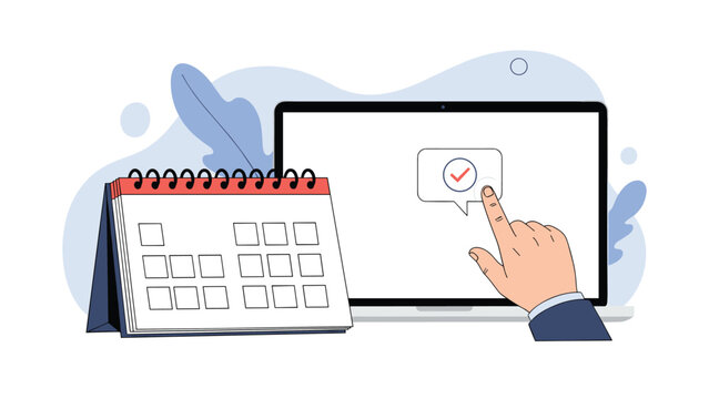 Hand clicking a checkmark on a laptop screen next to a desk calendar for task completion and efficient scheduling of business activities.