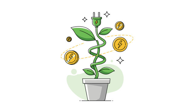 Plant with an electrical plug growing in a pot surrounded by lightning bolt coins for green energy investment and sustainability concepts.