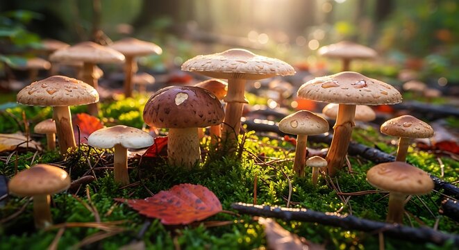 A cluster of wild brown mushrooms growing on the forest floor during a soft golden autumn sunset. mush