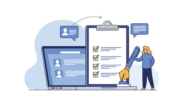 Online registration and application form concept with female user filling digital document on laptop and clipboard with checklist.