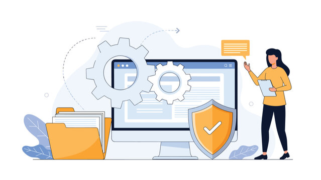 Cybersecurity and personal data protection with professional woman managing secure server settings and shield on computer screen.