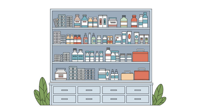 Pharmacy medical store shelves with various medicine bottles pill boxes and healthcare products for professional health shop concept.