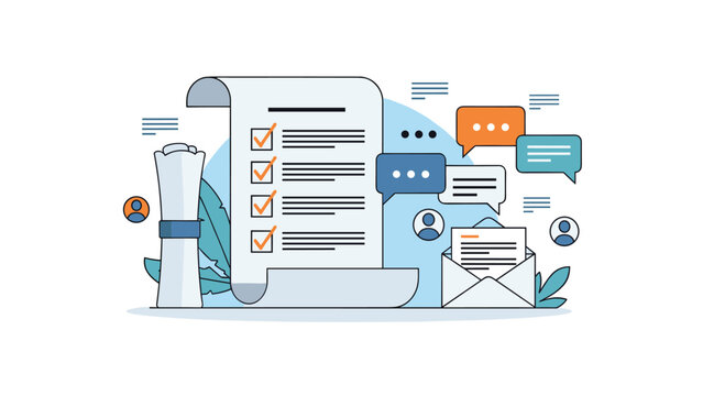 Survey results and customer feedback analysis concept featuring a long checklist scroll and communication bubbles.