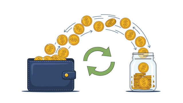 Money transfer and budgeting between savings and spending concept showing coins moving from wallet to jar.