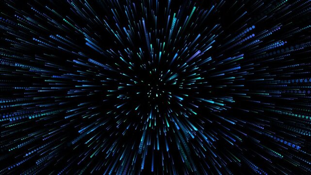 Abstract blue light particles radiating background, hyper speed warp effect in cyber space