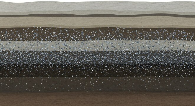 Cross section of layered asphalt road construction showing different aggregate sizes.