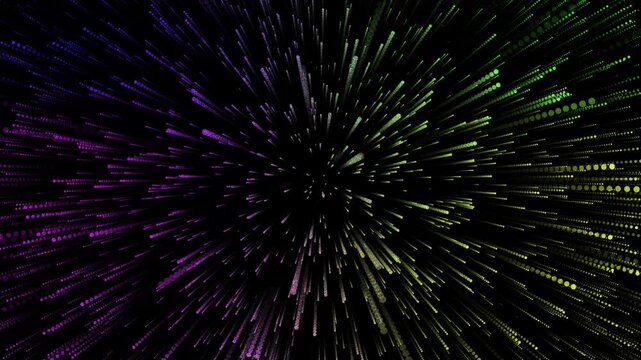 Abstract rainbow color particles radiating background, multicolor hyper speed warp effect