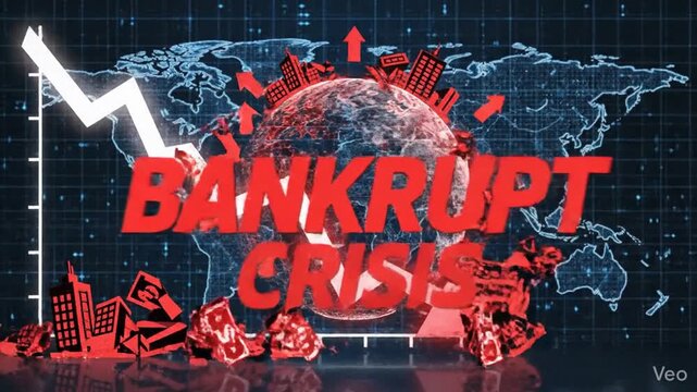 Abstract vector illustration depicting global economic collapse with falling stock market graph arrow, representing financial crisis, bankruptcy, and trade recession in modern artistic style.