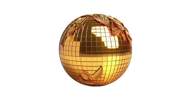 A golden sphere with leaf embellishments floats against a black background.