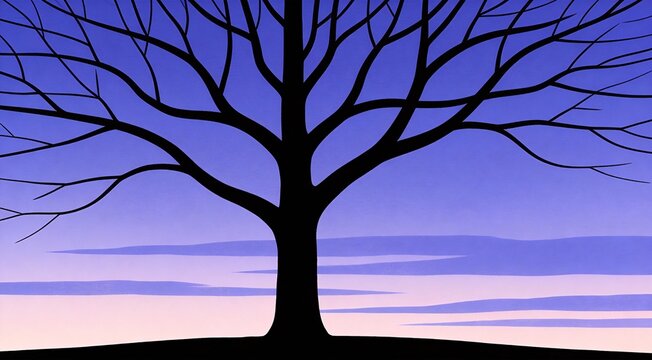 Artistic professional illustration of bare tree silhouette against vast sky, single trunk focus, twi