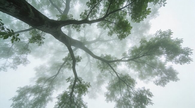 High quality minimalist nature art of fog-shrouded tree crown from below, upward gaze perspective, m