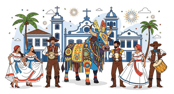 A vibrant illustration of a festive Mexican scene with people, a decorated horse, and a church in the background.