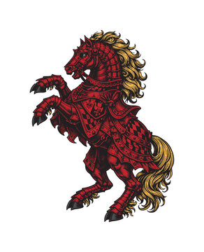 Majestic Red Horse Rearing Up in Detailed Armor.