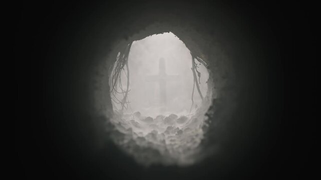 Cave filled with fog slowly revealing a crucifix in the opening of the empty tomb. Symbolic of the resurrection of Jesus Christ. Good Friday, He is Risen concept. Symbolizing faith or god in heaven.