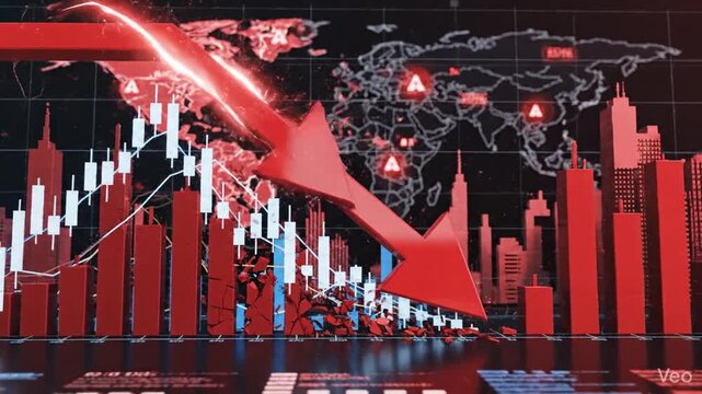 Descending red 3d arrow plunging through negative business graph chart representing global economic recession stock market loss banking failure and financial crisis visualization.