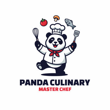 A whimsical panda chef is joyfully preparing food with cooking utensils, capturing the essence of culinary art, fun, and creativity, ideal for food-related branding.