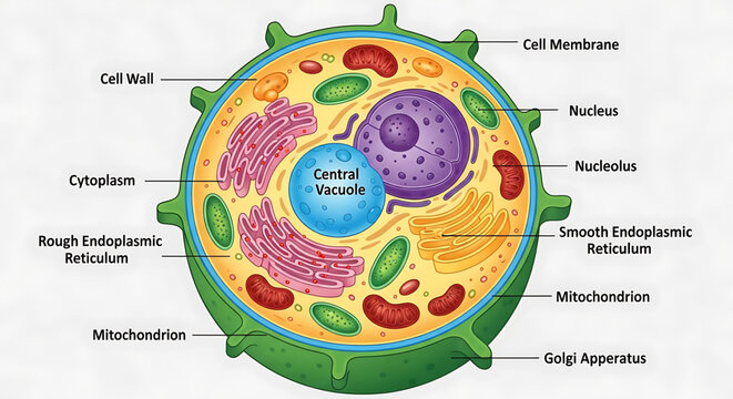 A detailed vector illustration of a cell with labeled organelles for educational use