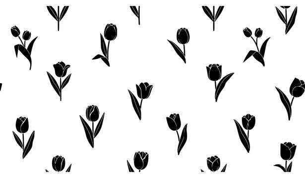 Seamless black tulip floral silhouette pattern with botanical flowers on white background