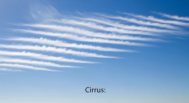 A clear blue sky with cirrus clouds and a label identifying the cloud type