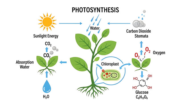A detailed vector graphic illustration of the photosynthesis process in a plant