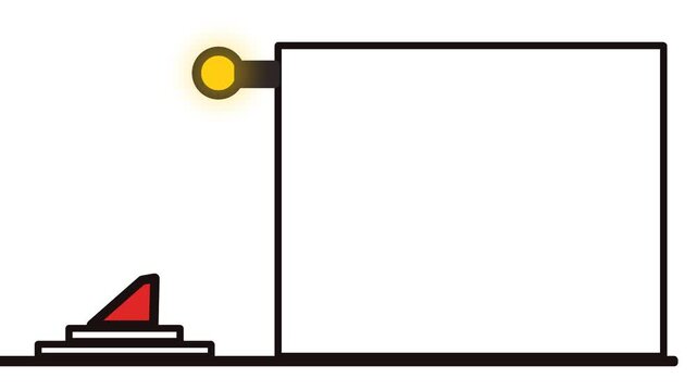 A frame-based switching system. A relay or triangular button changes position, and the light comes on.