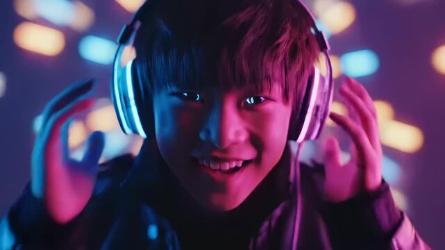 A charismatic young person wearing glowing headphones smiles brightly amidst a vivid neon-lit backdrop, perfectly embodying the dynamic energy of an International Youth Day Celebration.